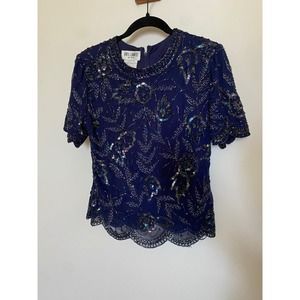 Women’s Vintage 1980’s Beaded Short Sleeve Blouse Blue